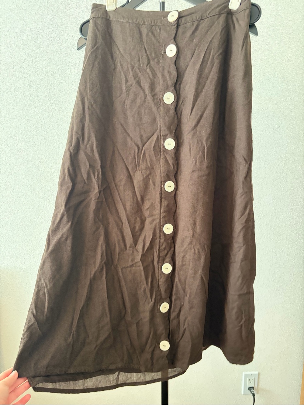 Chocolate Brown A-Line Linen-Blend Midi Skirt with Flower Buttons
